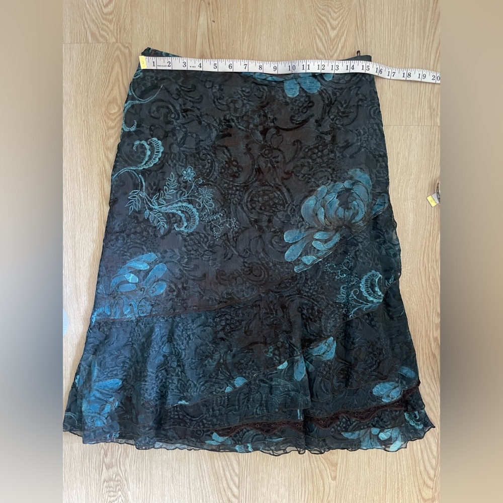 Floral Chiffon Ruffle Skirt Brown Teal S8 - Picture 9 of 15